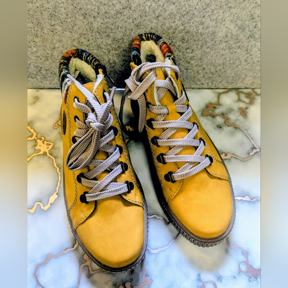 Rieker Mustard Ankle Boots with Colorful Knit Collar - Picture 2 of 7